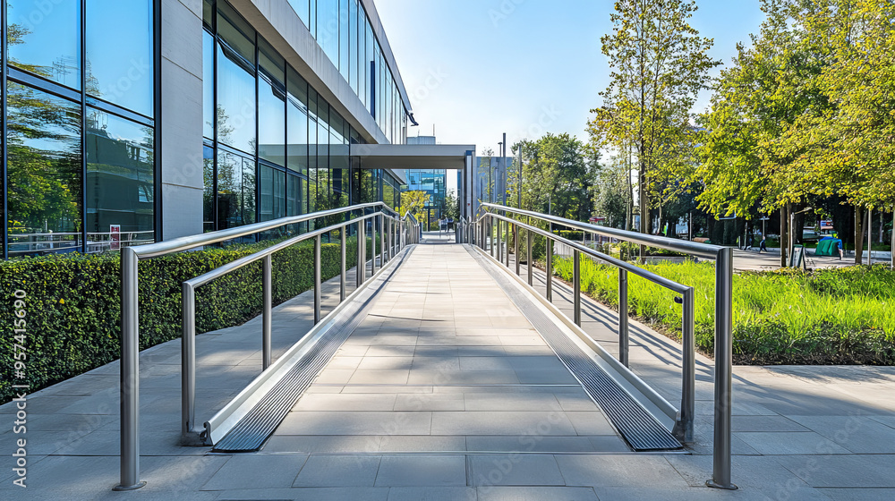 Entrance of a modern office building featuring an accessibility ramp with stainless steel railings, surrounded by greenery on a sunny day.
Entrance of a modern office building featuring an accessibility ramp with stainless steel railings, surrounded by greenery on a sunny day.