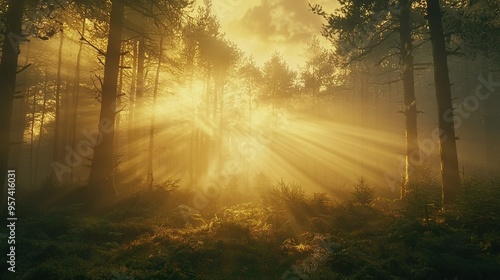  A beam of sunlight piercing the dense foliage of a wooded landscape, casting dappled shadows on the ferns and mosses below