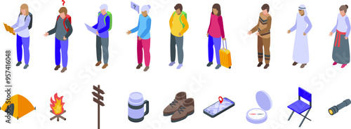 Tourist ask icons set. Travelers and backpackers are exploring new destinations, using maps for navigation, and enjoying outdoor adventures