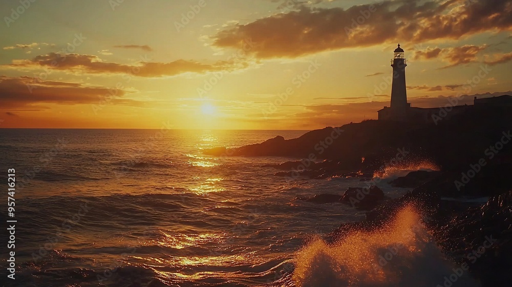 Sun setting over ocean with lighthouse in center, waves in foreground Sun setting over ocean with lighthouse in center, waves in foreground