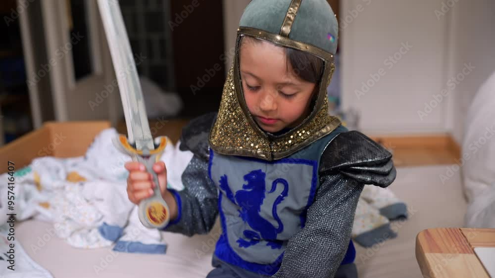 Young boy in knight costume, holding toy sword, capturing innocence and ...