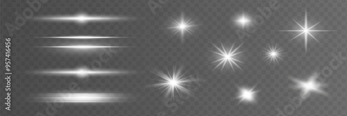 Glow isolated white transparent starlight effect set, lens flare, explosion, line, sun flash, glitter, spark and stars. Abstract special effect element design. Shine ray