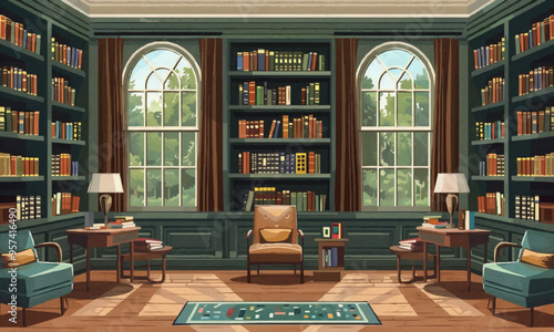 A flat vector of a library interior with bookshelves.