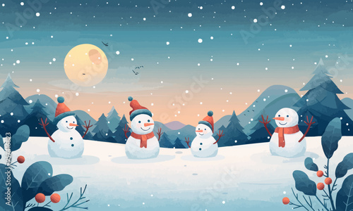 A flat vector of a winter wonderland with snowmen.