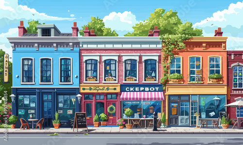 A flat vector of a city street with cafes.