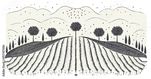 Linear vector illustration of a vineyard.