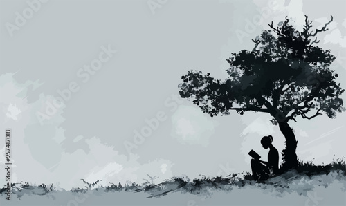 A silhouette vector of a person reading a book under a tree.