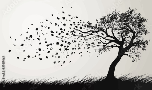 Silhouette vector of a tree with falling leaves.