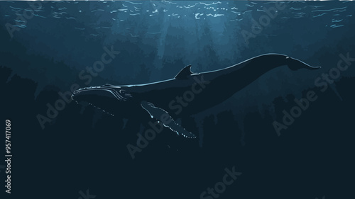 Silhouette vector of a whale underwater.