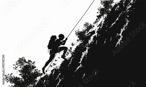 A silhouette vector of a person rock climbing.