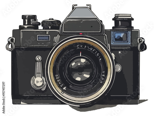 Linear vector illustration of a vintage camera.