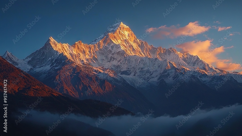Top of mountain with cloudy foreground and blue background sky Top of mountain with cloudy foreground and blue background sky