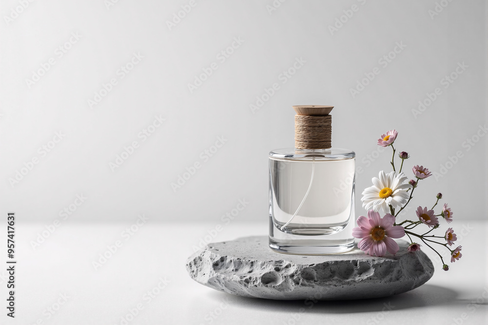 Perfume with floral notes. Composition of bottle and flowers on gray stone. Copy space. AI generative. Perfume with floral notes. Composition of bottle and flowers on gray stone. Copy space. AI generative.