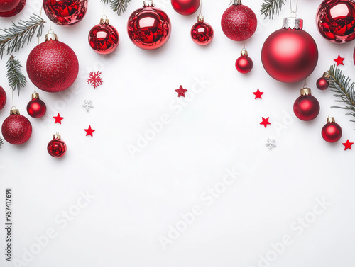 Felicitación de Navidad con adornos de color rojo y fondo blanco