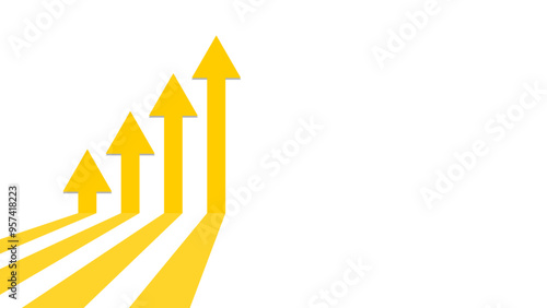 Four yellow arrows pointing upwards, one next to the other simulating a growing graph. Parallel arrows going in the same direction on a white background. 