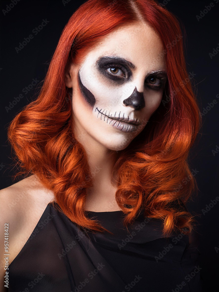 A woman with striking red hair and a skull face, highlighting her intriguing and artistic expression. A woman with striking red hair and a skull face, highlighting her intriguing and artistic expression.