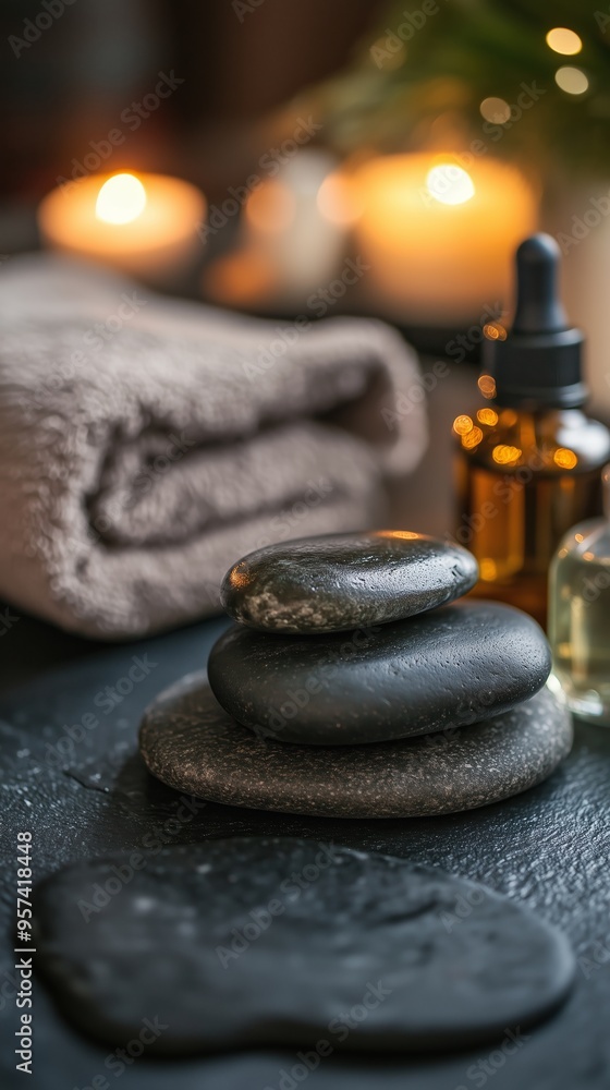 Relaxing spa setup with stacked stones, essential oils, and candles in a tranquil environment Relaxing spa setup with stacked stones, essential oils, and candles in a tranquil environment