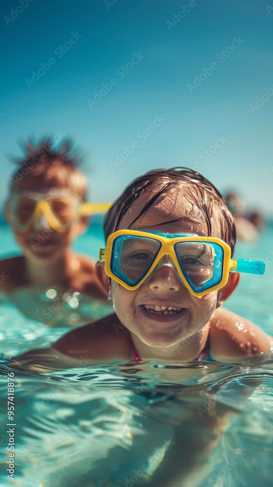 Fototapeta premium Two children are in the water wearing yellow goggles
