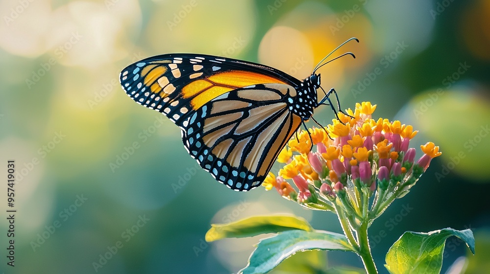 Fototapeta premium Butterfly on flower with blurred leaf and flower background