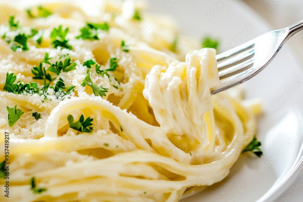 linguine pasta with a rich, creamy Alfredo sauce, garnished with fresh parsley and grated Parmesan cheese, served on an elegant white plate with a fork twirling the pasta, minimal background linguine pasta with a rich, creamy Alfredo sauce, garnished with fresh parsley and grated Parmesan cheese, served on an elegant white plate with a fork twirling the pasta, minimal background