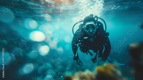Wallpaper Mural A man is diving underwater wearing a black wetsuit Torontodigital.ca