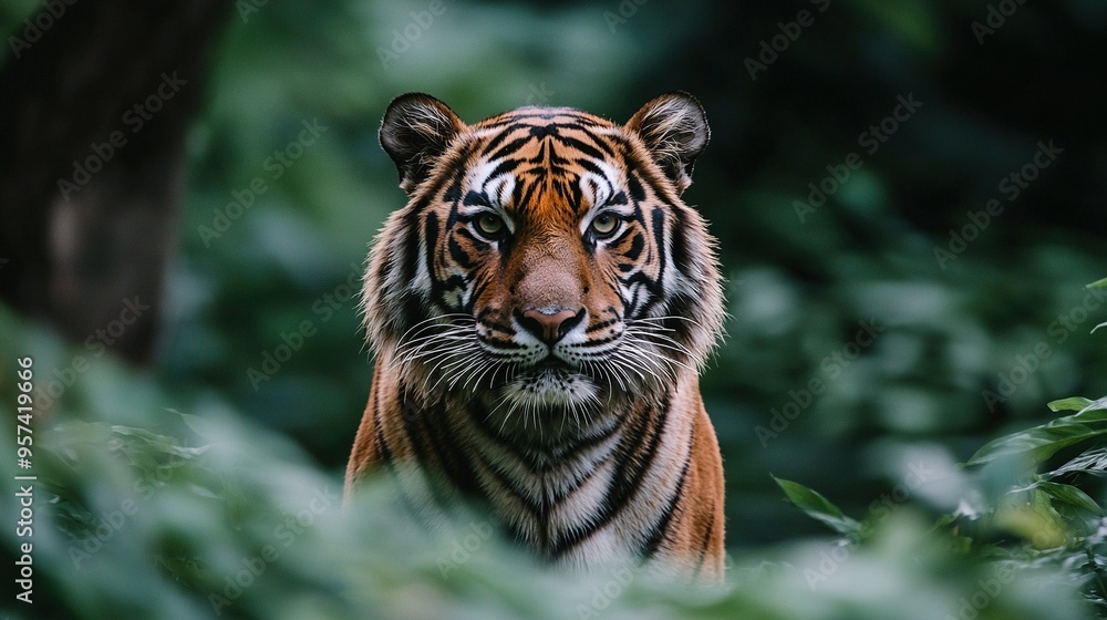 A close-up of a tiger's face, surrounded by trees in the background and bushes in the foreground A close-up of a tiger's face, surrounded by trees in the background and bushes in the foreground