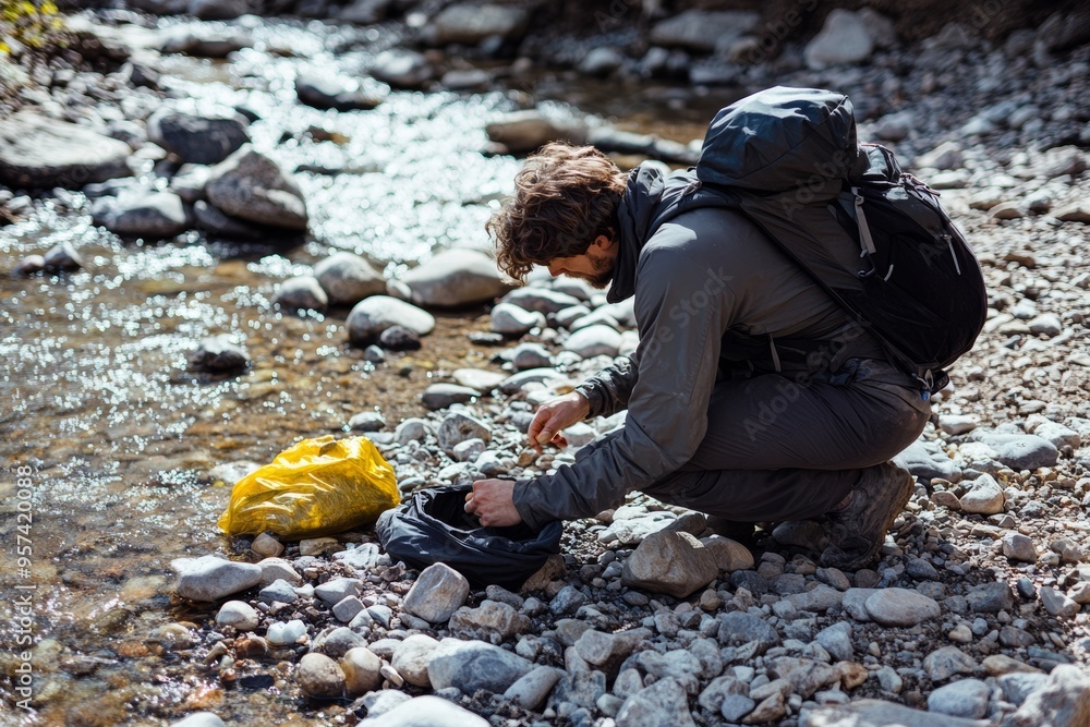 scenic outdoor setting with person crouched down, examining, collecting rocks from riverbed or rocky terrain, backpack and collection bag, showcasing natural environment and process of rock collecting scenic outdoor setting with person crouched down, examining, collecting rocks from riverbed or rocky terrain, backpack and collection bag, showcasing natural environment and process of rock collecting