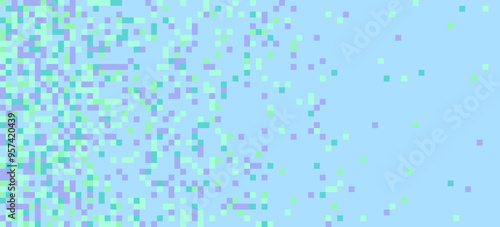 Scattered pixels blue vector background. Banner, wallpaper, cover template. Retro geometric disappearing squares pattern.