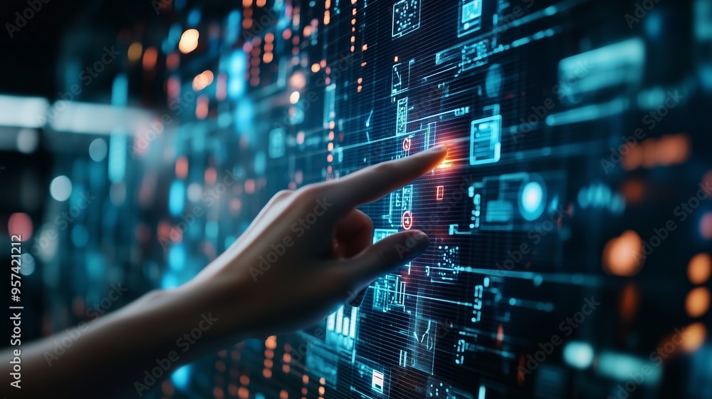 Person interacting with a futuristic touchscreen display showcasing tech data in a dimly lit environment Person interacting with a futuristic touchscreen display showcasing tech data in a dimly lit environment