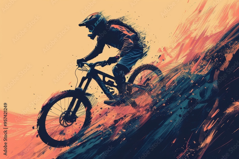 Obraz premium A man is riding a bike down a hill
