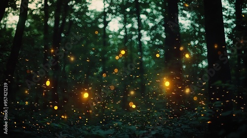  A forest brimming with countless yellow fireflies soar through the sky above another dense forest of yellow fireflies