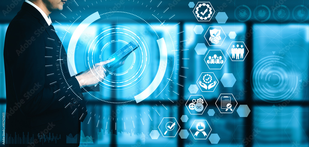 © InfiniteFlow - Quality Assurance and Quality Control Concept - Modern graphic interface showing certified standard process, product warranty and quality improvement technology for satisfaction of customer. uds