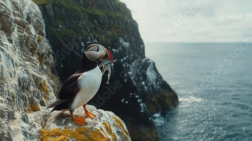   A bird holding a fish in its beak perched on a rock beside a vast expanse of water