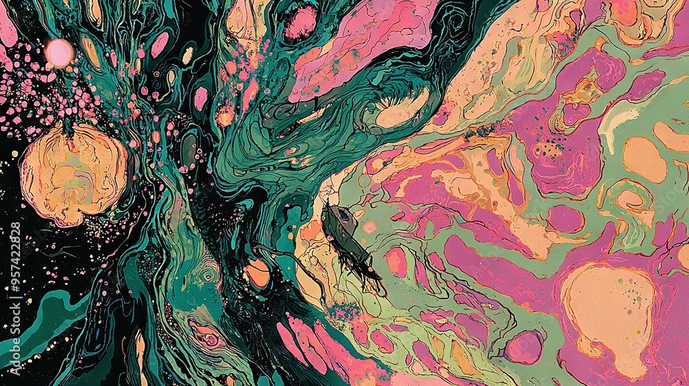 A close-up of the painting, with abundant splatters at the top A close-up of the painting, with abundant splatters at the top