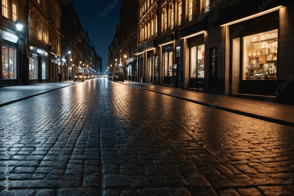 A quiet night scene on a cobblestone street in an European city, ideal for use as a background or atmospheric image A quiet night scene on a cobblestone street in an European city, ideal for use as a background or atmospheric image