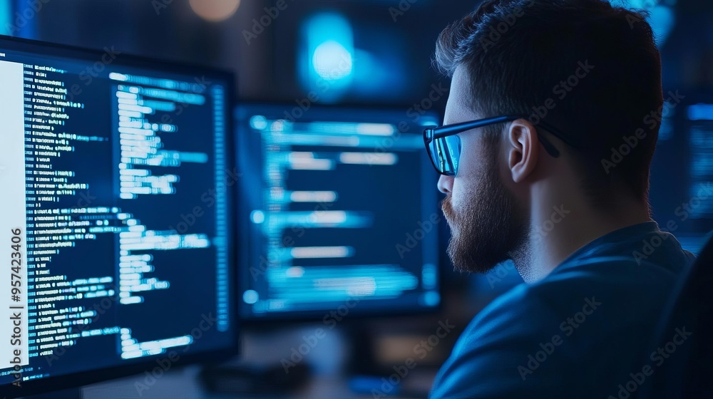 Programmer optimizing code, augmented displays, high-tech environment, blue neon Programmer optimizing code, augmented displays, high-tech environment, blue neon