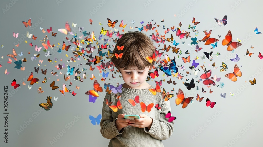Fototapeta premium A young boy is looking at a cell phone with a butterfly app on it