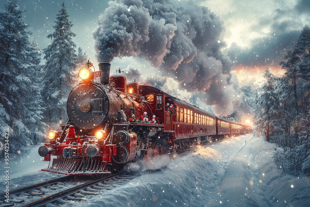 Santa Claus riding a train through a snowy landscape, delivering gifts to children in remote places. Concept of Christmas magic and holiday journeys. Santa Claus riding a train through a snowy landscape, delivering gifts to children in remote places. Concept of Christmas magic and holiday journeys.