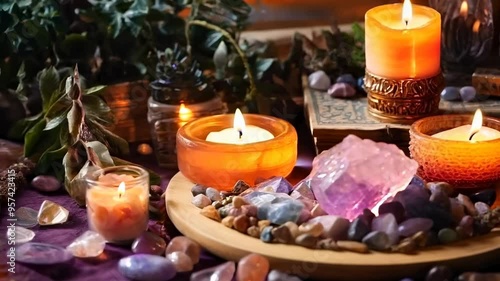 A serene Reiki altar featuring an arrangement of healing crystals surrounded by lit candles, creating a peaceful environment for meditation and alternative healing practices.

