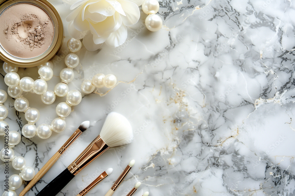 make up brushes and powder top view on white and grey marble table, cosmetic background make up brushes and powder top view on white and grey marble table, cosmetic background