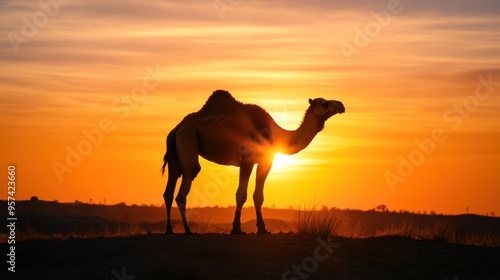 Silhouetted Camel Against Stunning Sunset in Desert Landscape