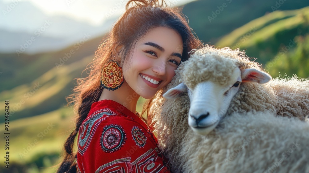 Joyful Woman Embracing Fluffy Sheep in Picturesque Countryside Landscape Joyful Woman Embracing Fluffy Sheep in Picturesque Countryside Landscape