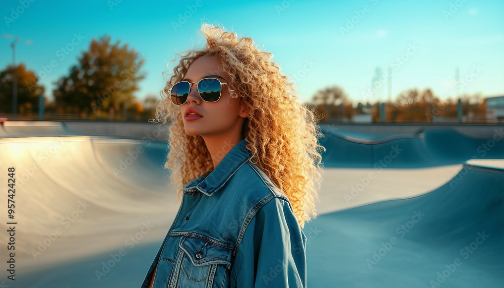 A stylish young woman with curly blonde hair, dressed in a denim jacket and sunglasses, standing A stylish young woman with curly blonde hair, dressed in a denim jacket and sunglasses, standing