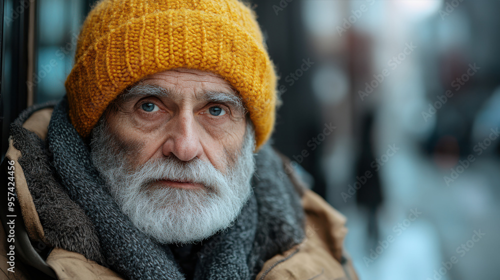 Closeup portrait of an elderly man wearing a warm yellow hat and winter coat, standing outdoors in cold weather, showing resilience and wisdom. Street photography, life experience Closeup portrait of an elderly man wearing a warm yellow hat and winter coat, standing outdoors in cold weather, showing resilience and wisdom. Street photography, life experience