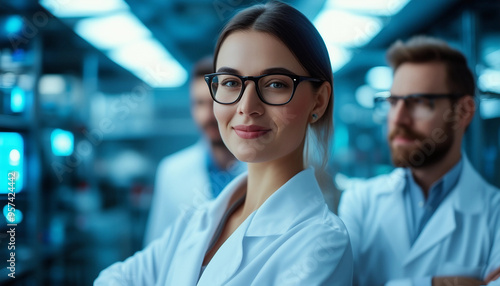 A group of three confident scientists, two men and one woman, standing in a futuristic laboratory