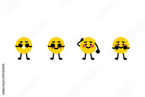 Shy emoji face emoticon set. Feeling, mood, emotion, facial expression concept. Flat cartoon character vector design isolated illustration.