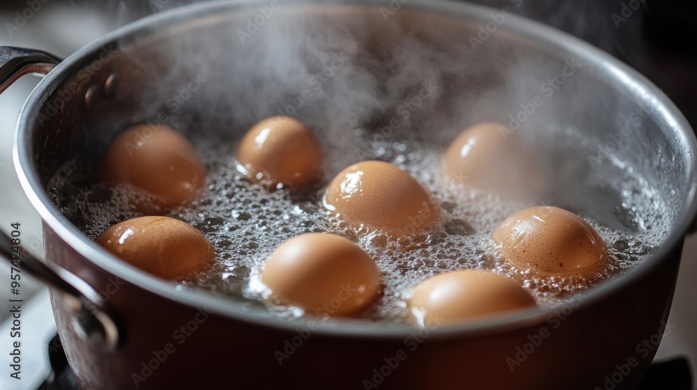 Boiling Eggs in Bubbling Pot on Stove for Breakfast Meal Boiling Eggs in Bubbling Pot on Stove for Breakfast Meal