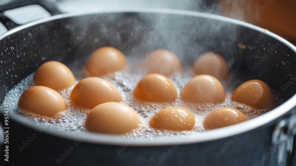 Freshly Cooked Eggs Simmered in a Hot Pan on the Stovetop Freshly Cooked Eggs Simmered in a Hot Pan on the Stovetop