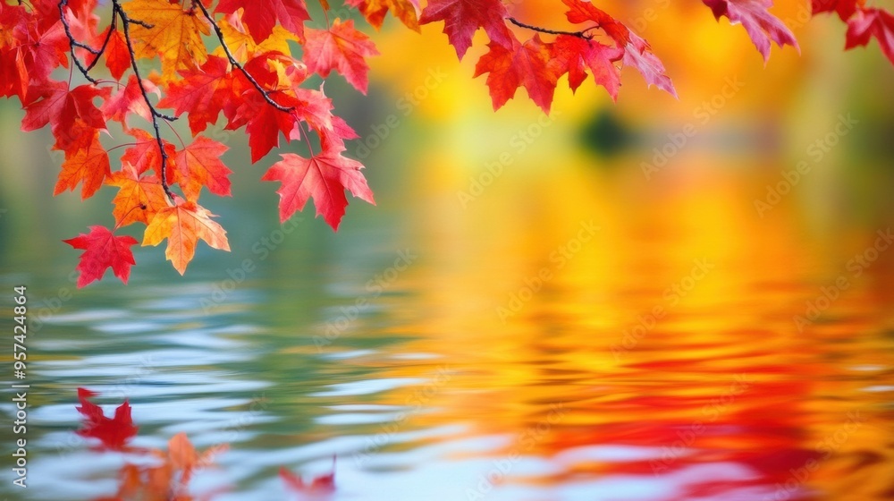 Vibrant Autumnal Foliage Reflected in Tranquil Pond or Lake with Calm Water Surface
