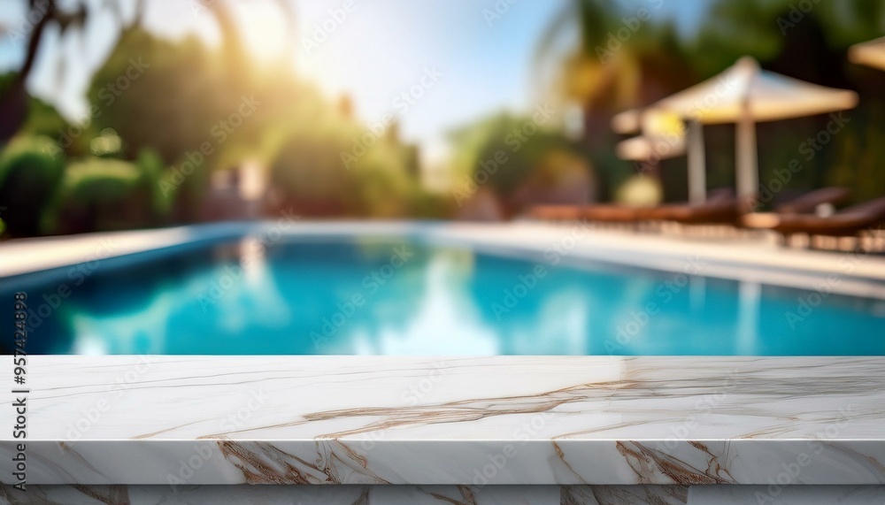 Empty marble table in front with blurred background of swimming pool
Empty marble table in front with blurred background of swimming pool